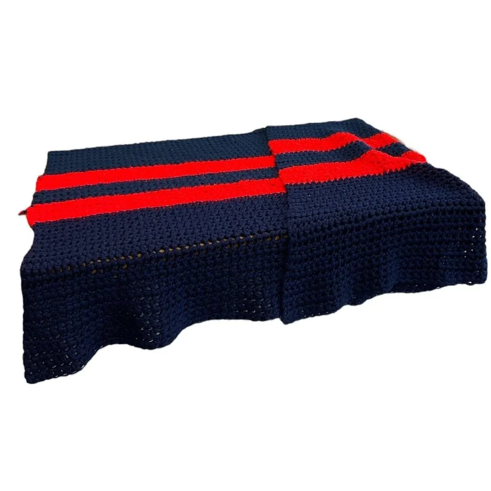 Handmade Crochet Afghan Patriotic Heavyweight Yarn Striped Blanket‎ Throw